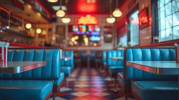 ai generado retro cena interior con neón señales y vinilo cabinas, evocando un sentido de americana nostalgia foto