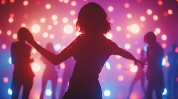 AI generated Silhouettes of people dancing against a backdrop of pulsating nightclub lights photo