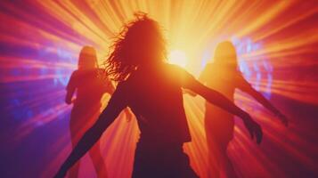 AI generated Silhouettes of people dancing against a backdrop of pulsating nightclub lights photo