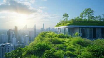 AI generated Rooftop gardens atop eco-friendly buildings, promoting energy-efficient urban living photo