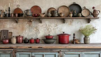 ai generado rústico casa de Campo cocina adornado con utensilios y antiguo Cocinando utensilios foto