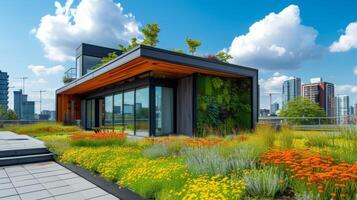AI generated Rooftop gardens atop eco-friendly buildings, promoting energy-efficient urban living photo