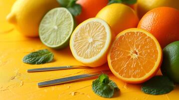 AI generated A minimalist background adorned with vibrant oranges, lemons, and limes evokes the refreshing essence of summer. photo