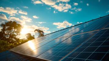 AI generated Sun-soaked solar panels glistening on rooftops, capturing the power of the sun photo