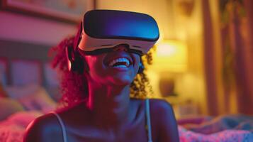 AI generated Teenager laughing as they interact with virtual elements photo