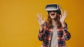 AI generated Teenager laughing as they interact with virtual elements photo