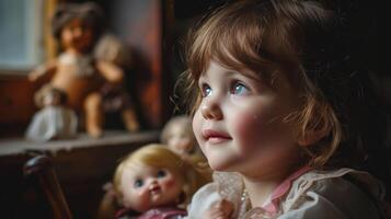 AI generated Her tender gestures towards her dolls reflect her nurturing nature and boundless affection photo