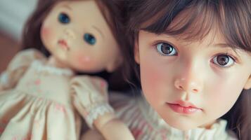 AI generated Her tender gestures towards her dolls reflect her nurturing nature and boundless affection photo