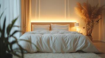AI generated Tranquil bedroom with plush bedding and soft lighting, perfect for rest and relaxation photo