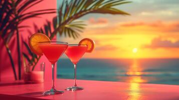 AI generated A minimalist backdrop featuring colorful summer cocktails evokes the ambiance of a tropical getaway photo