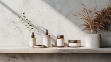 AI generated The minimalist podium showcases a curated selection of premium cosmetics photo