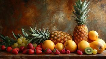 AI generated A serene backdrop featuring tropical fruits like pineapples, mangoes photo