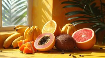 AI generated A clean, minimalist setting adorned with tropical fruits like papayas, coconuts photo