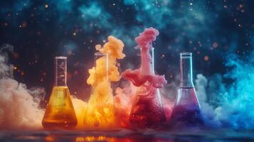 ai generado vibrante productos quimicos reaccionando en vasos de precipitados, exhibiendo el dinámica belleza de química foto