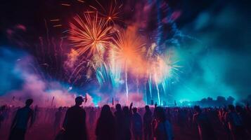 AI generated Vibrant fireworks illuminating the night sky during a music festival, creating a mesmerizing spectacle photo