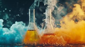 ai generado vibrante productos quimicos reaccionando en vasos de precipitados, exhibiendo el dinámica belleza de química foto