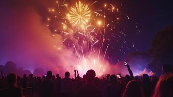 AI generated Vibrant fireworks illuminating the night sky during a music festival, creating a mesmerizing spectacle photo