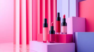 AI generated Vibrant lipsticks and luxurious skincare bottles showcased on a clean photo