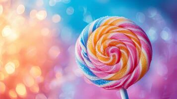 AI generated Vibrant swirls of color in a lollipop, reminiscent of childhood innocence and joy photo