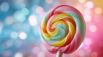 AI generated Vibrant swirls of color in a lollipop, reminiscent of childhood innocence and joy photo