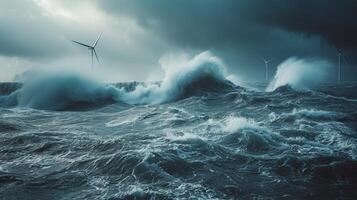 AI generated Waves crashing against tidal energy turbines, showcasing the power of the ocean photo