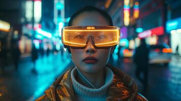 AI generated Woman wearing VR glasses on a busy street corner, her face illuminated by the digital display photo