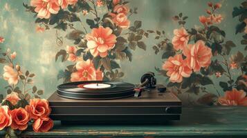 AI generated Vintage record player spinning vinyl records against a backdrop of faded floral wallpaper photo