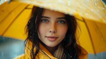 AI generated a beautiful girl stands under a yellow umbrella in the rain and looks at the camera smiling large copyspace area photo