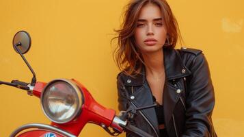 AI generated A beautiful young woman in a black leather jacket sits on a bright red scooter against a minimalist yellow background photo