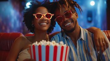 AI generated A beautiful young couple is sitting in a cinema with a striped bucket of popcorn photo