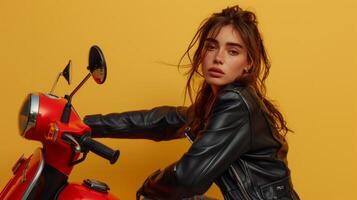 AI generated A beautiful young woman in a black leather jacket sits on a bright red scooter against a minimalist yellow background photo