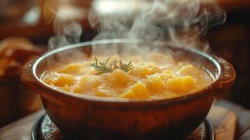 AI generated A bubbling pot of homemade soup, fragrant steam rising from the surface photo