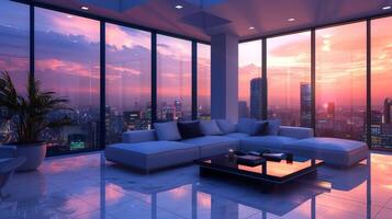 AI generated A chic and modern living room, with stylish furnishings and panoramic views of the city skyline photo