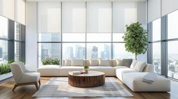 AI generated A chic and modern living room, with stylish furnishings and panoramic views of the city skyline photo