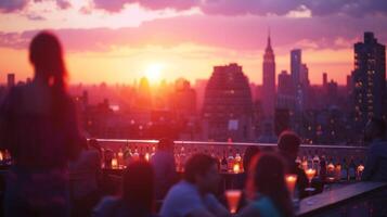 AI generated A chic city rooftop bar, with panoramic views and stylish patrons enjoying cocktails against the skyline photo