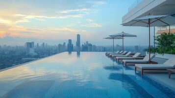 AI generated A chic rooftop pool, with lounge chairs and umbrellas offering panoramic views of the city skyline photo