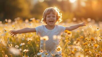 AI generated A child running through a field with outstretched arms, a beaming smile lighting up their face with pure delight photo