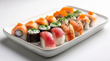 ai generado un vistoso Sushi plato, delicado rollos de arroz y Mariscos ingeniosamente arreglado en un porcelana plato foto