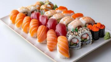 AI generated A colorful sushi platter, delicate rolls of rice and seafood artfully arranged on a porcelain plate photo