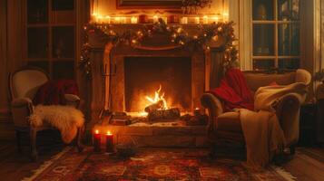 AI generated A cozy fireplace nook, with crackling flames and plush seating inviting relaxation and warmth photo