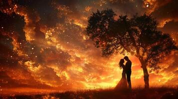 ai generado un Pareja poses en contra un fondo de ardiente puesta de sol foto