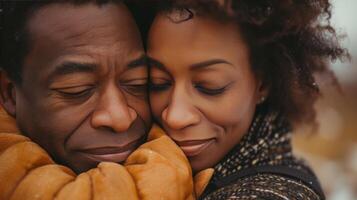 ai generado un Pareja compartiendo un sentido abrazo, su caras presionado juntos en un momento de genuino afecto y amor foto