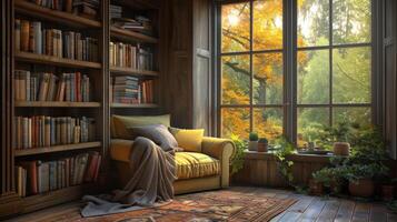 AI generated A cozy reading nook with blankets and tea, promoting relaxation and self-reflection through literature photo