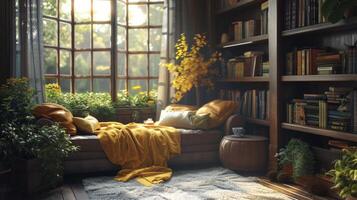 AI generated A cozy reading nook with blankets and tea, promoting relaxation and self-reflection through literature photo