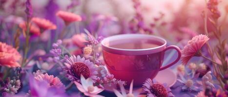 ai generado un taza de té rodeado por flores foto