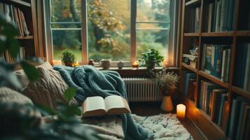 AI generated A cozy reading nook with blankets and tea, promoting relaxation and self-reflection through literature photo