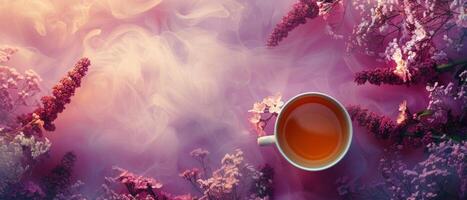 ai generado un taza de té con flores alrededor eso foto