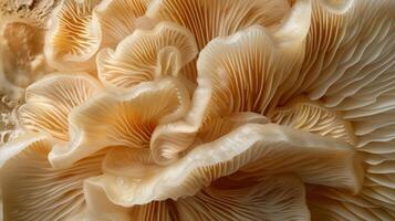 AI generated A detailed image of a mushroom's gills, displaying their intricate pattern and texture in mesmerizing detail photo