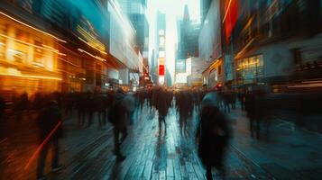 AI generated A dynamic shot of a fast-paced cityscape, capturing the hustle and bustle of urban life photo