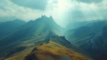 AI generated A dramatic landscape shot of a rugged mountain range, inspiring adventure and exploration photo